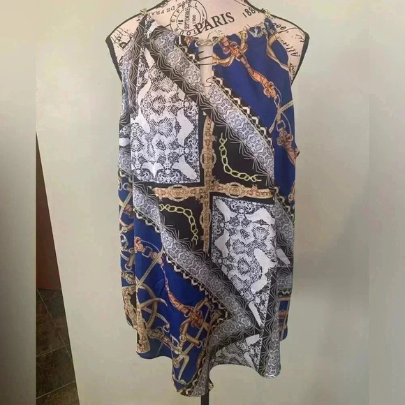 I.N.C Satin Blue Blouse Top Women’s XL Extra Large Sleeveless w/ Chain Detail - Picture 1 of 7